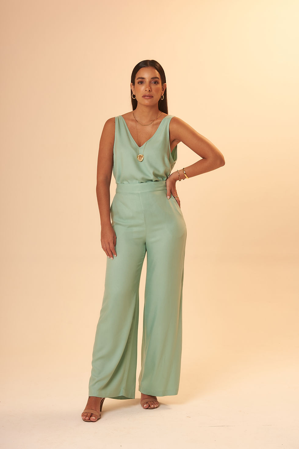 Calça Pantalona Cós Aplicado Verde