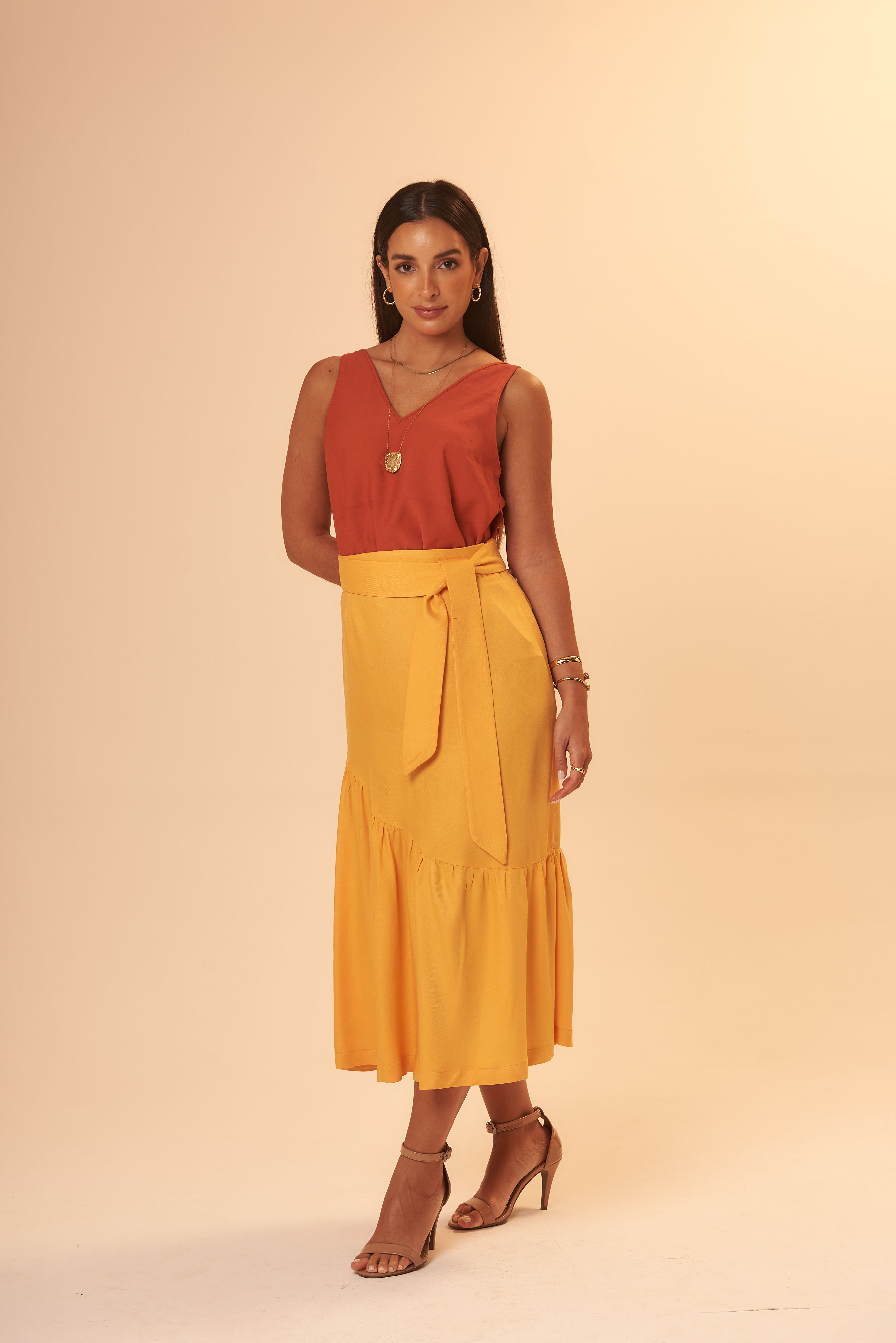 Saia Midi Babados Amarela