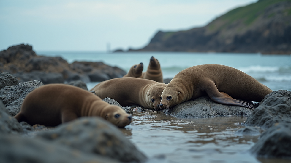 Eye-level view of a group of seals resting on a rocky shore