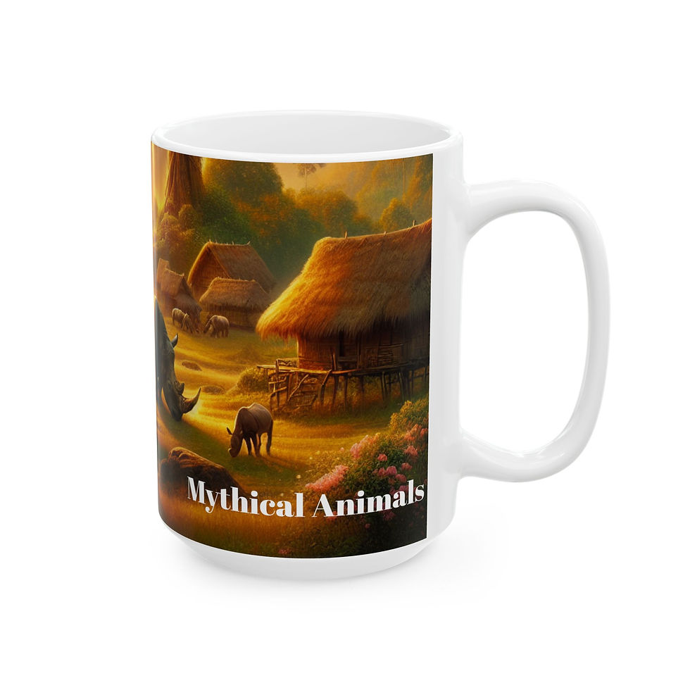 Thumbnail: Ceramic Mug, (11oz, 15oz) Rhinos in Village, Animal Mug