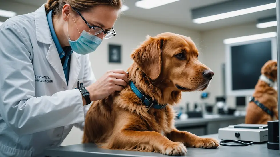 Eye-level view of a vet examining a dog