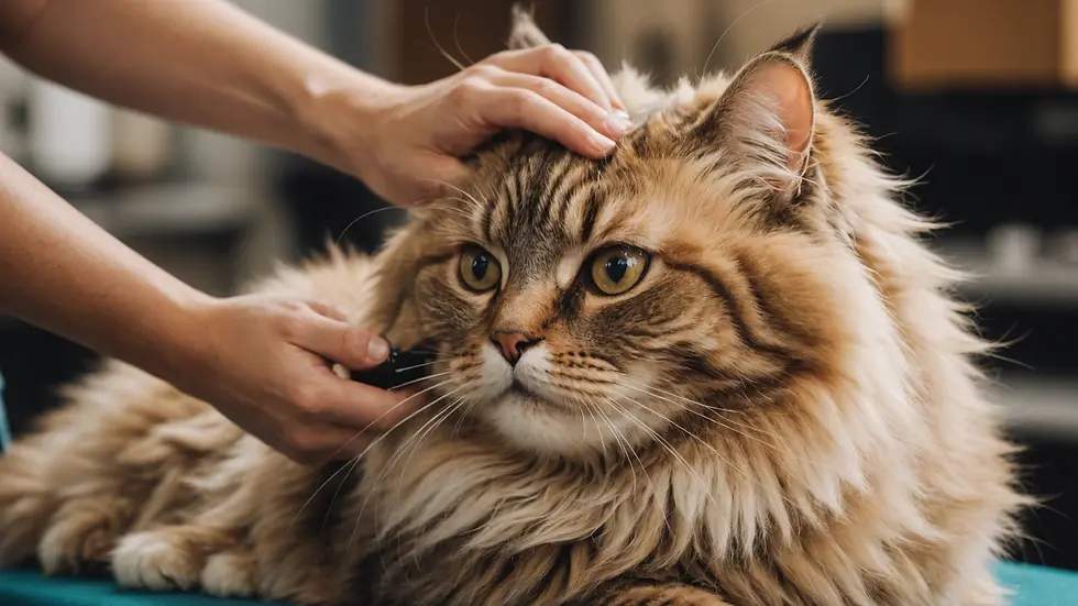 Eye-level view of a fluffy cat being groomed
