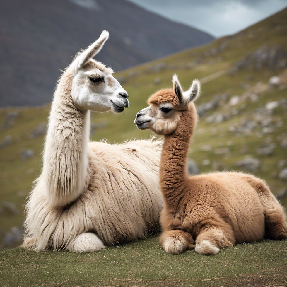 Two llamas, a dark brown baby and a white adult, rest on a grassy hill. The background features green hills and a cloudy sky.