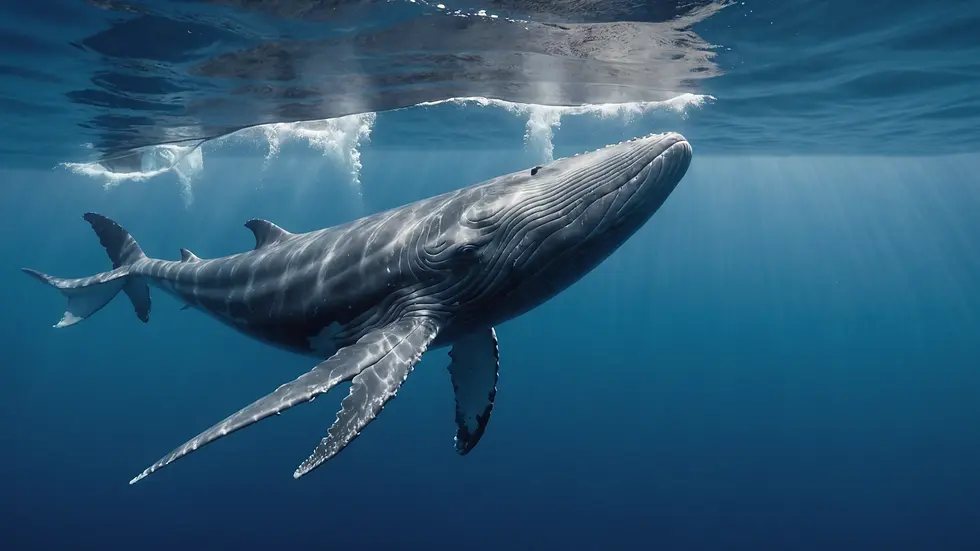 Eye-level view of a blue whale diving into the ocean's depths.