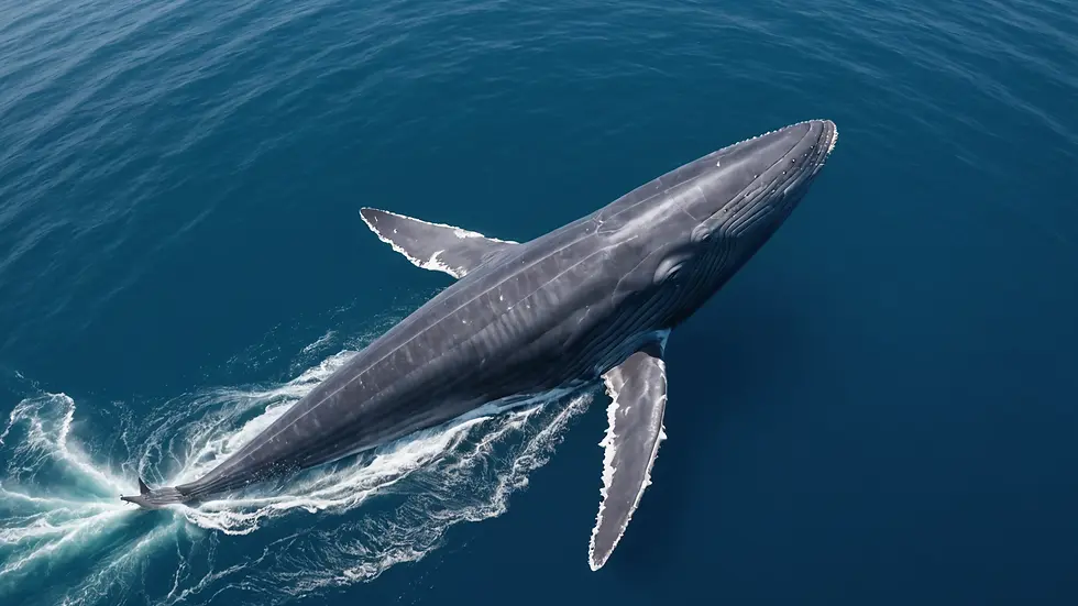 High angle view of blue whale enjoying the ocean surface in calm waters.