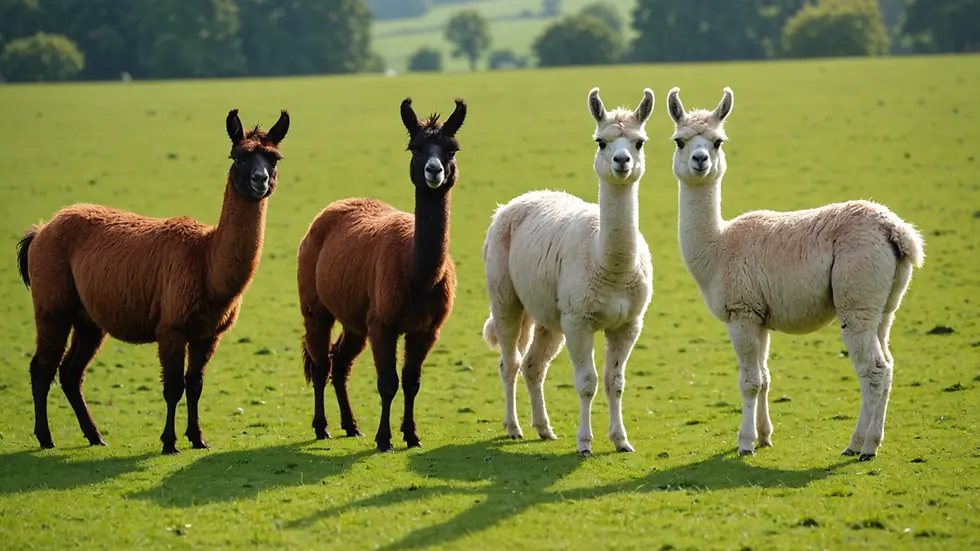 Eye-level view of a group of llamas grazing in a green field