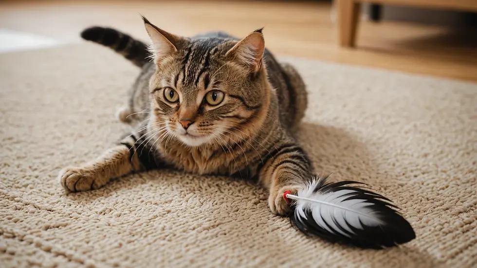 High angle view of a cat playing with a feather toy