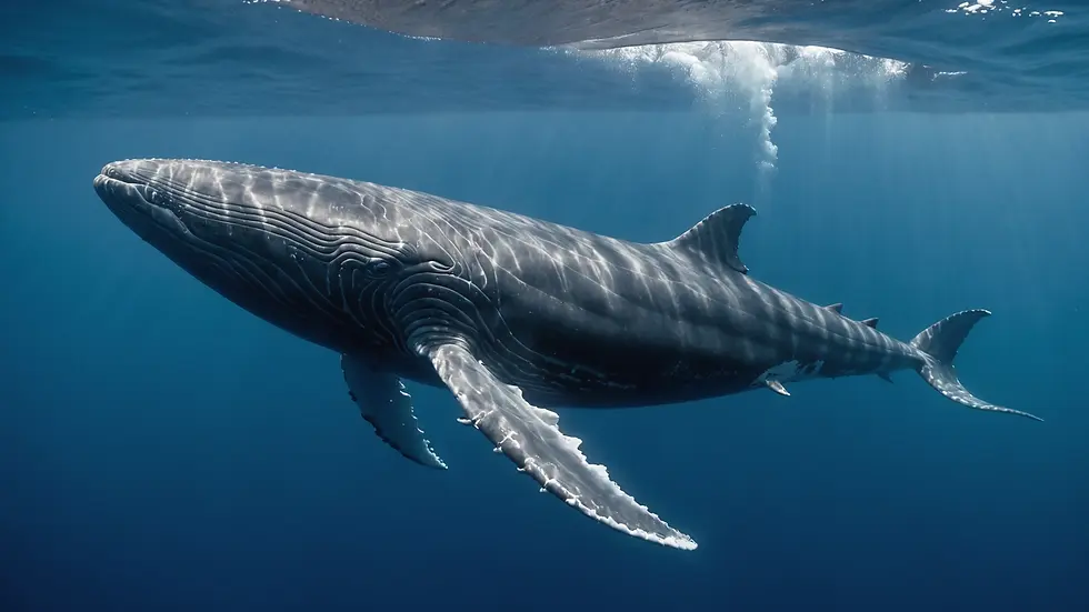 Wide angle view of a blue whale swimming gracefully in deep ocean waters.