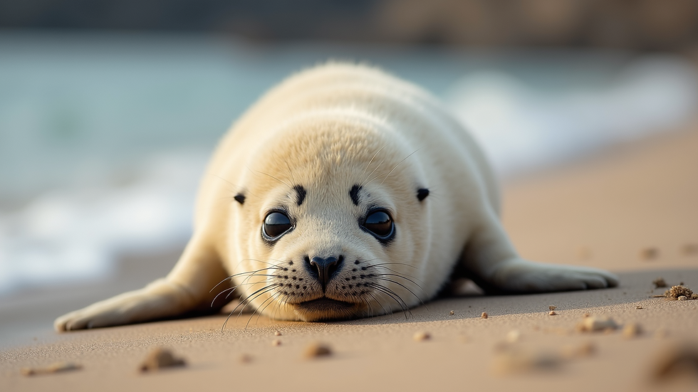 Close-up view of a seal pup resting on a sandy beach