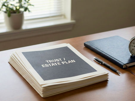 Trust and estate plan binder, pen, and notebook on a desk, ready for a Notary Drive signing in Vista, CA