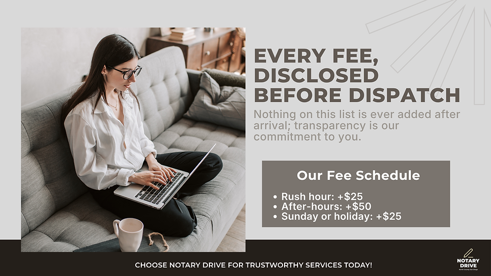 Notary Drive mobile notary fee schedule for Vista, CA showing after-hours, printing, scan-back, courier and witness fees