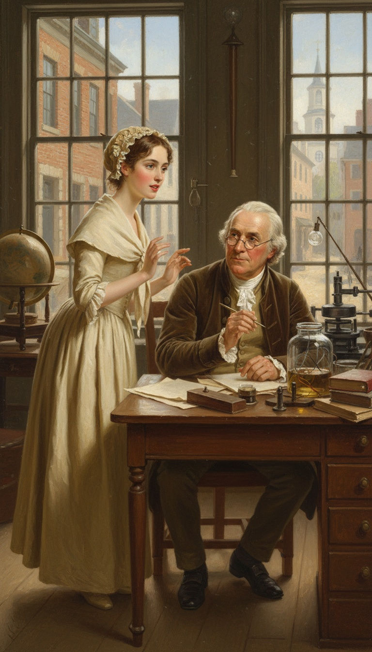 A Republic If You Can Keep It song artwork featuring a woman speaking with Benjamin Franklin about the American republic, freedom, democracy, and the nation's founding principles.