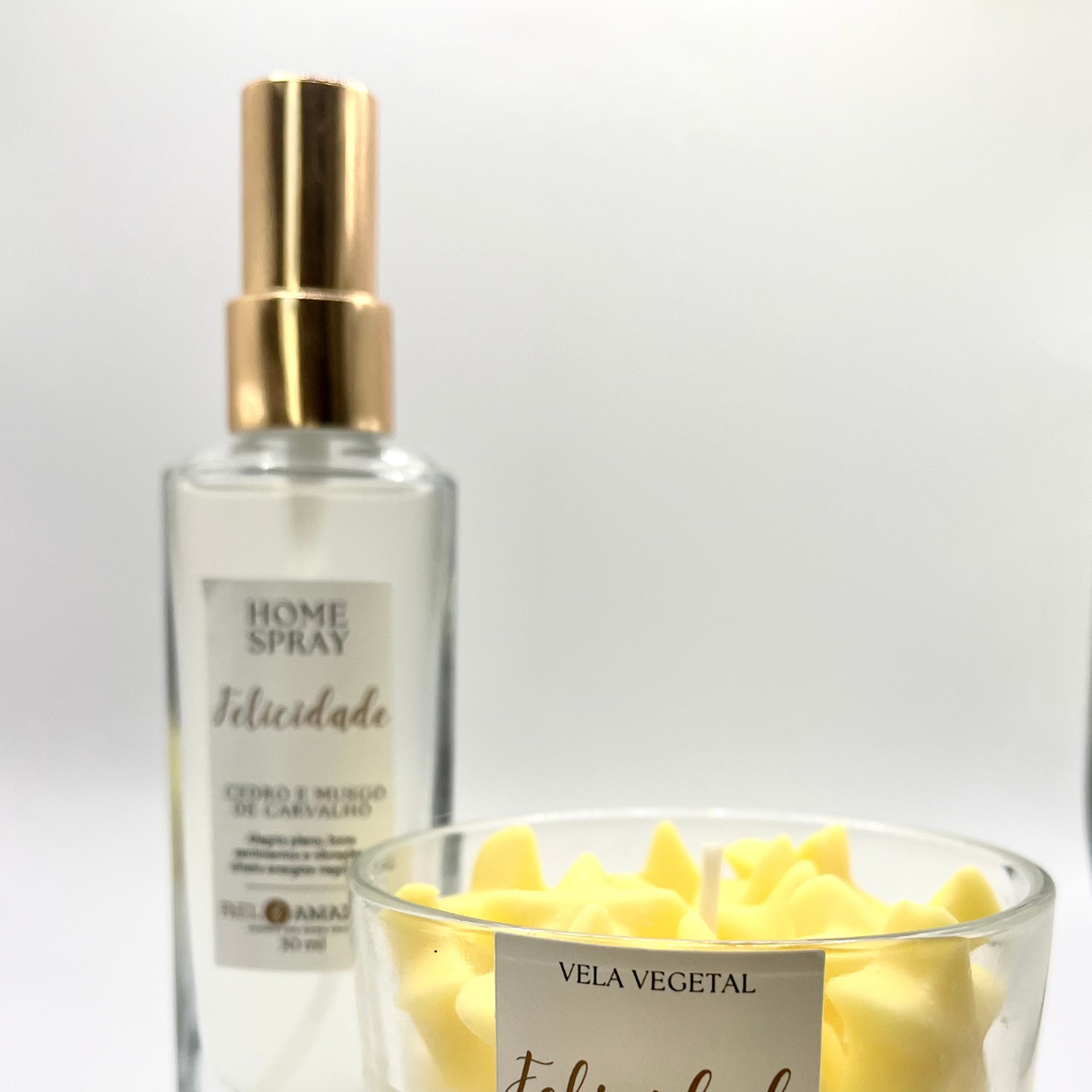 Home spray e vela vegetal Felicidade: Lembrancinha Loja e Pousada