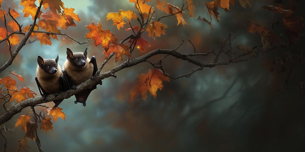 Kaksi lepakkoa vaahteran oksalla, katselemassa kiinnostuneena