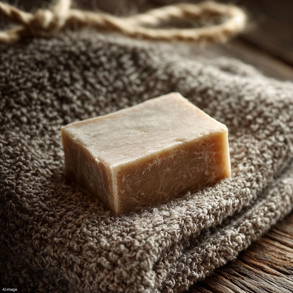 AI tuotekuva. Catteco tervasuola suolasaippua pyyhkeen päällä.