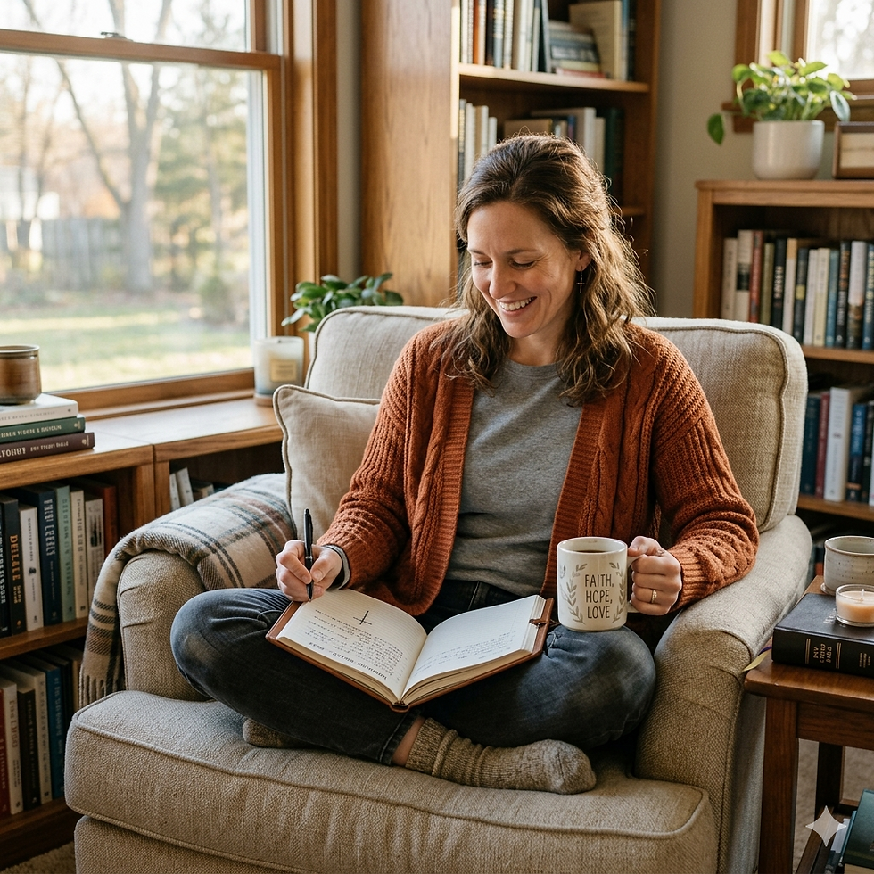 A Christian woman sitting cross-legged on a cozy reading chair with a cup of coffee and an open journal, morning light, a posture of settled daily rhythm and peace
