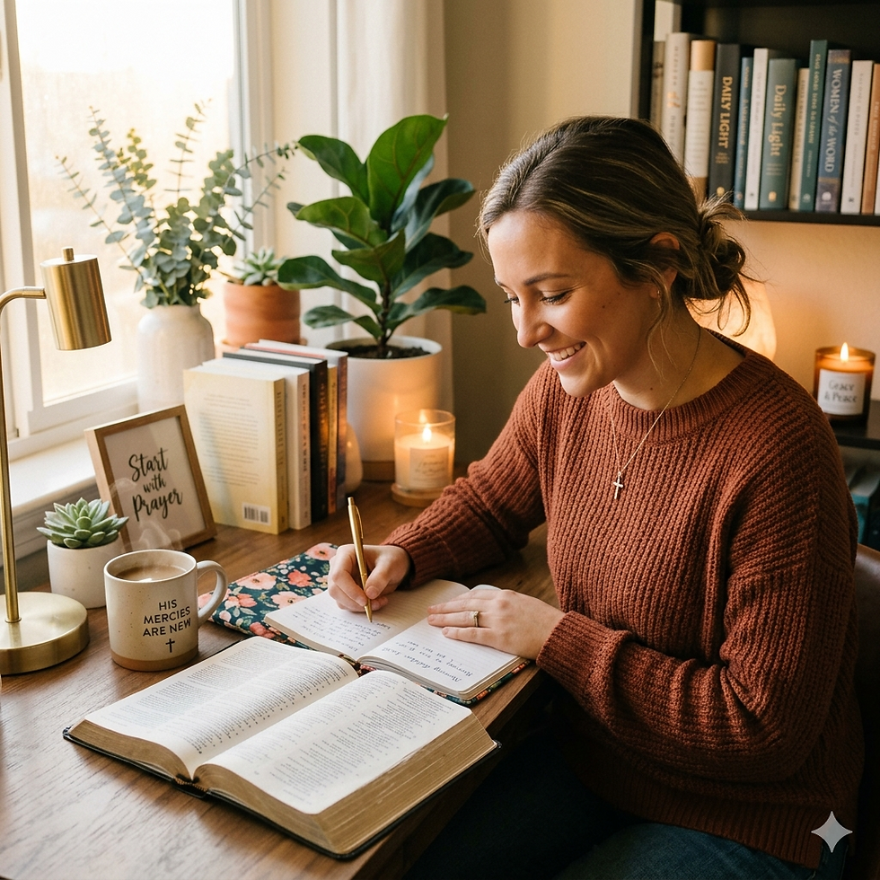 A motivated Christian woman at her desk early in the morning with an open Bible, journal, and coffee in soft warm light