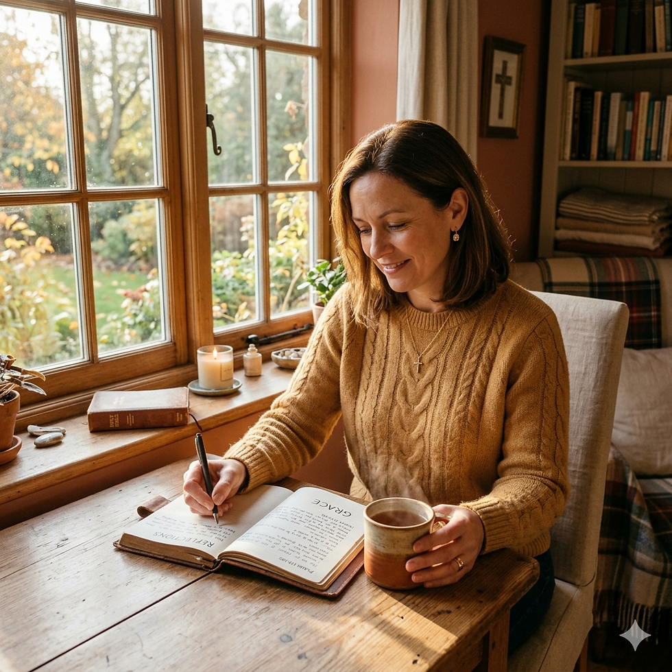 A Christian woman sitting peacefully at a window journaling with a warm cup in hand, golden afternoon light streaming in, earthy tones