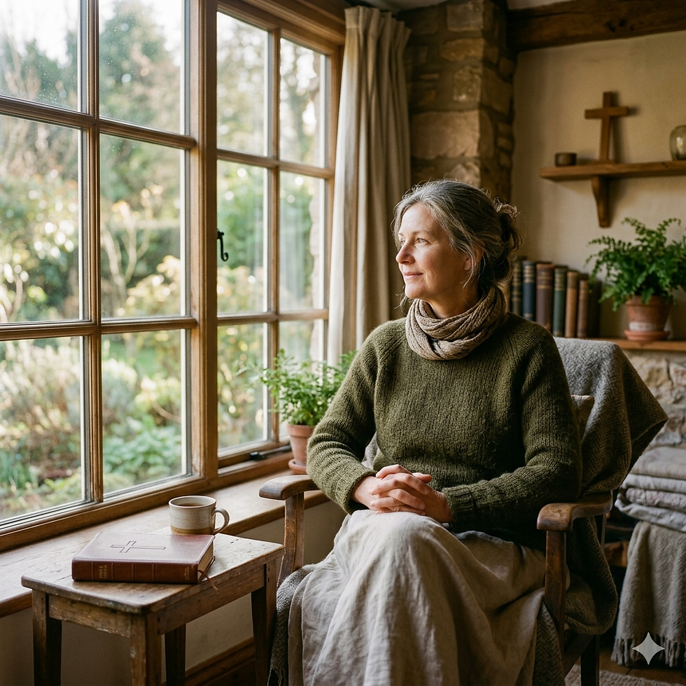 A Christian woman sitting quietly by a window in soft natural light, hands folded, with a peaceful and reflective expression in earthy tones