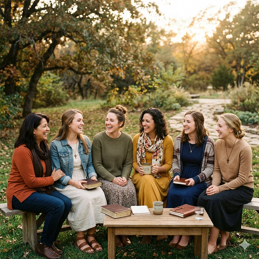 A group of Christian women laughing and sharing together outdoors in warm natural light, dressed modestly in earthy tones