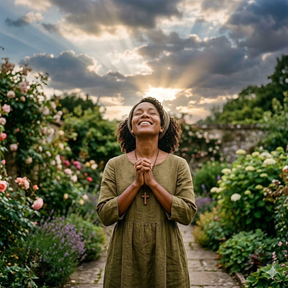 A confident Christian woman praying outdoors in a garden, face tilted toward the sky with an expression of joy and trust, sunlight breaking through clouds above her