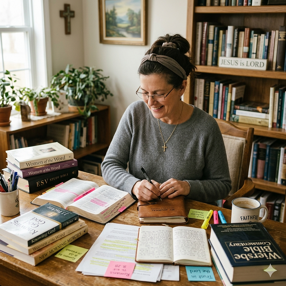 A modest Christian woman sitting at a desk surrounded by Bible study books, journals, and highlighted Scripture notes