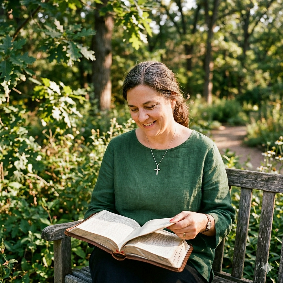 A Christian woman reading her Bible outdoors, sunlight illuminating the pages, peaceful and expectant expression, earthy natural tones