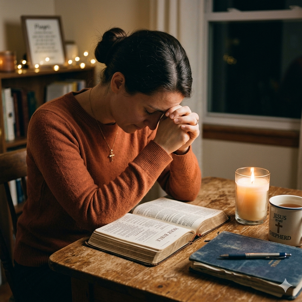 A Christian woman praying at dusk in a quiet room, soft candlelight and a sense of holy presence, light rays streaming through a window suggesting divine activity