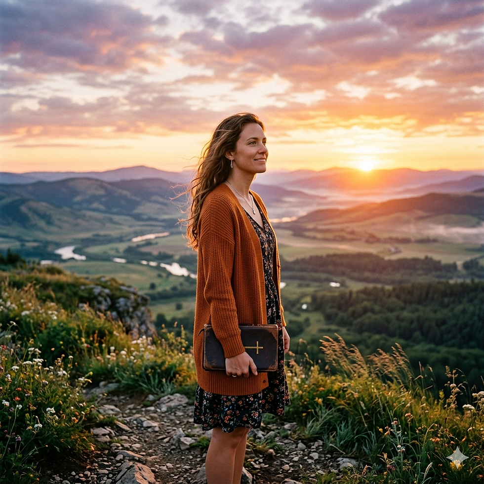 A single Christian woman standing at the edge of a wide open landscape at sunrise, Bible in hand, looking forward with hope and expectation