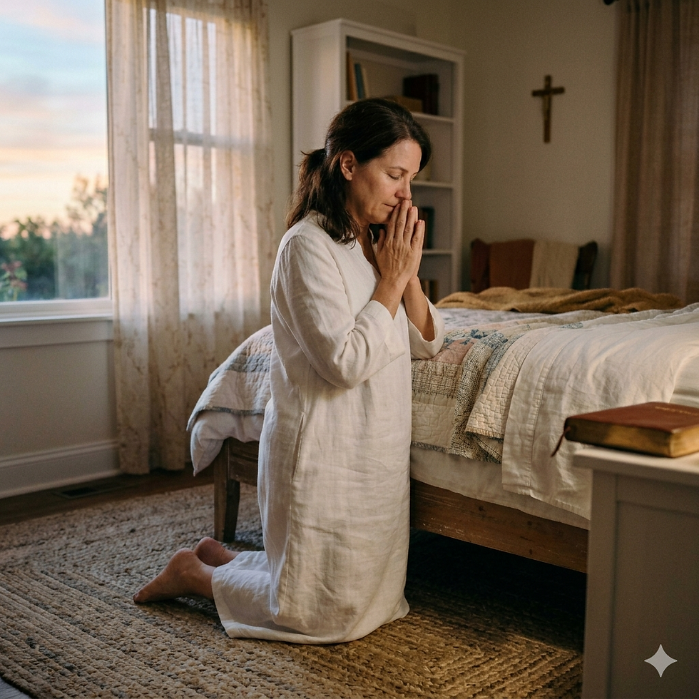 A Christian woman in a white robe kneeling beside her bed at dawn, hands folded, soft morning light filtering through curtains, peaceful and reverent atmosphere