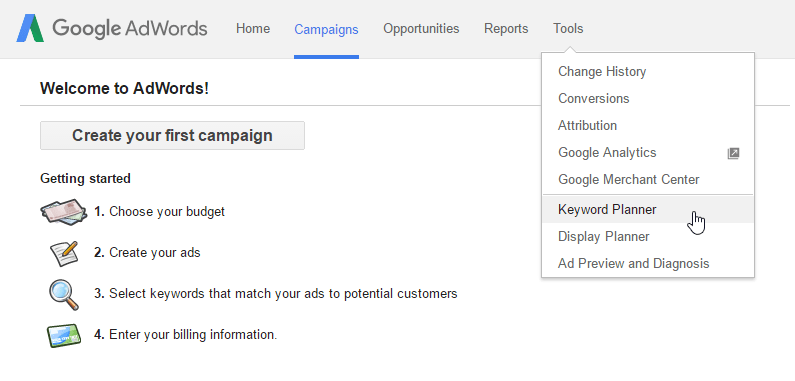 google keyword planner tools dropdown