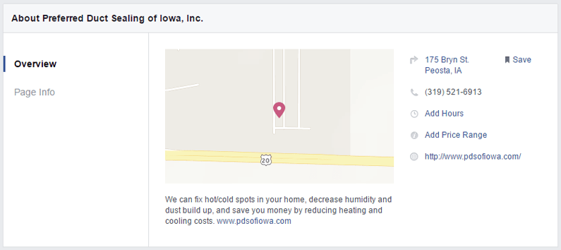 how to use facebook for small business - about section