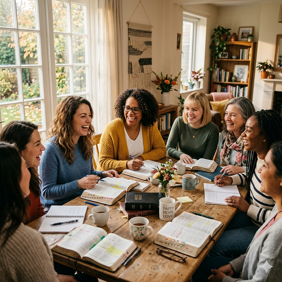 A group of Christian women sitting together around a table with open Bibles, laughing and studying in warm afternoon light