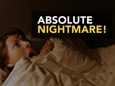A woman clutches her white blanket and screams from her bed. Above her head are the words 'Absolute nightmare!' as a heading for the image.