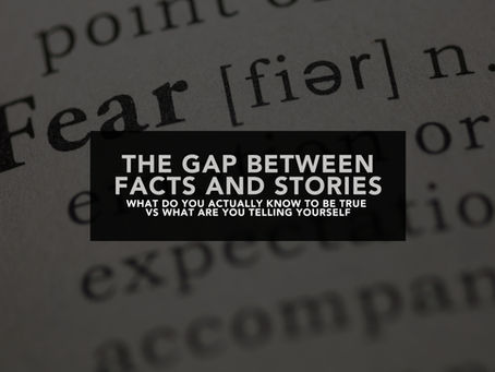 Page from a dictionary with a focus on the definition of the word 'fear'. Over the image is a panel of text that reads "The gap between facts and stories. What do you actually know to be true vs what are you telling yourself?"