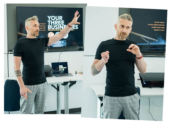 Two photos of Mark Franklin (from the same event), presenting to a group of business owners, who are out of shot. Behind Mark is a screen with a branded slide showing Mark's logo, headsht and drum branding. Both photos taken by Paul Martin.