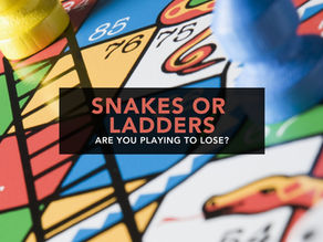 Close up image of a brightly-coloured Snakes & Ladders board. Over the top is a panel of text that reads "Snakes or Ladders: are you playing to lose?"