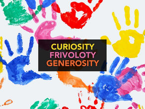 A collection of hand prints in bright colours on a whit canvas. Over the image is a panel of text that reads "Curiosity, frivolity, generosity".