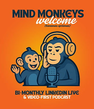 "Mind Monkeys Welcome..." Podcast logo featuring two blue monkeys gathered around a microphone
