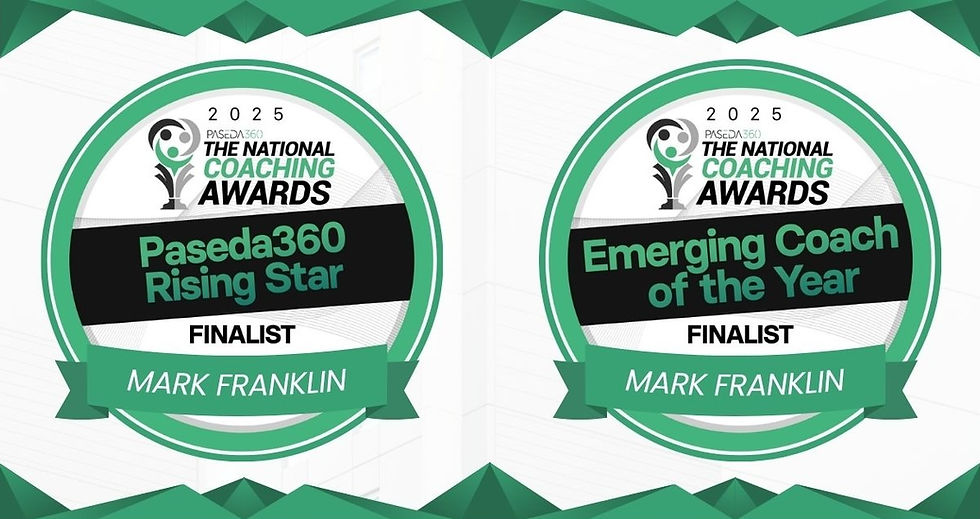 Two tiny noticeable things – two celebratory badges recognising Mark Franklin as a finalist in the National Coaching Awards for both Rising Star and Emerging Coach 2025