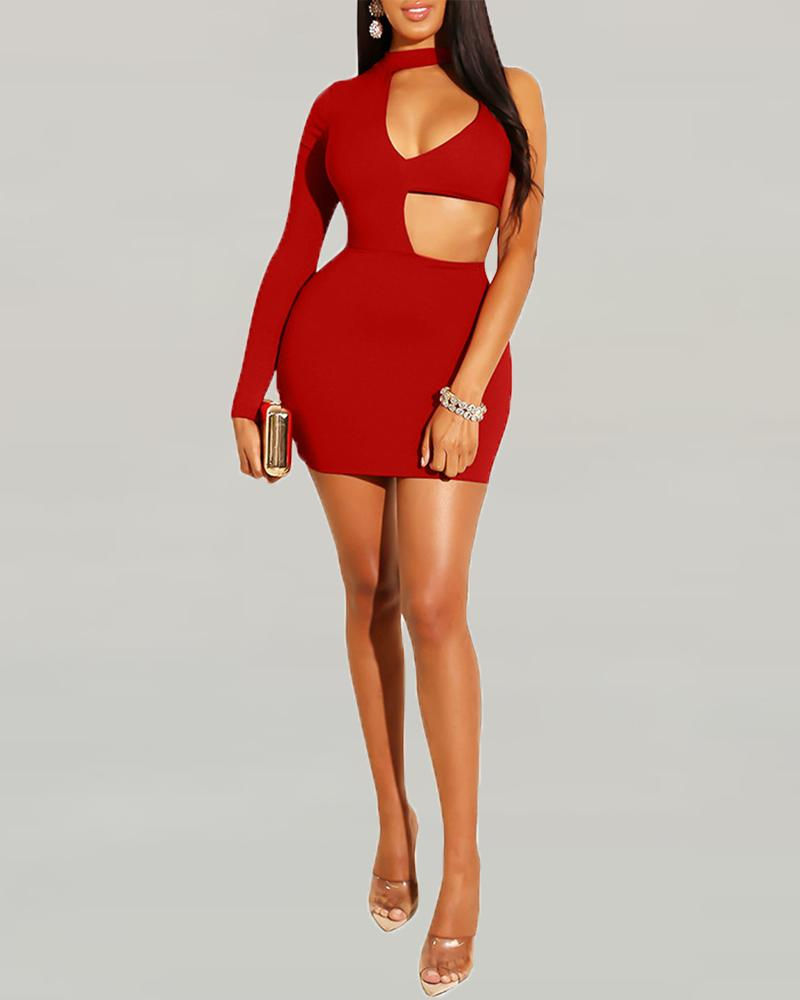 Woman wearing a red one-shoulder dress with cut-out detail Luxury Opalite.