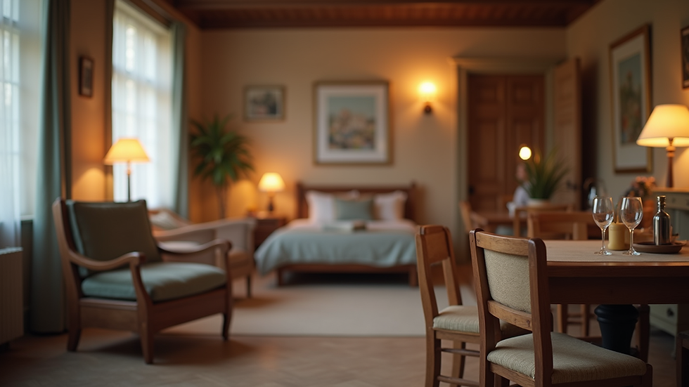 Quarto aconchegante com cama, poltrona, mesa de jantar com taças de vinho. Lâmpadas acesas criam ambiente sereno. Plantas ao fundo.