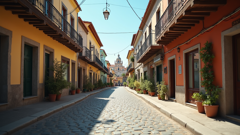 Rua de paralelepípedos com casas coloridas e vasos de plantas. Céu azul e catedral ao fundo sugerem clima tranquilo e ensolarado.