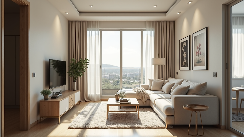 Vista interna de apartamento decorado em empreendimento na planta