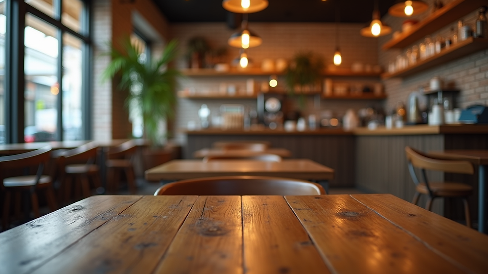 Café acolhedor com mesas de madeira. Luzes pendentes criam ambiente caloroso. Plantas e prateleiras decoram o fundo de tijolos aparentes.