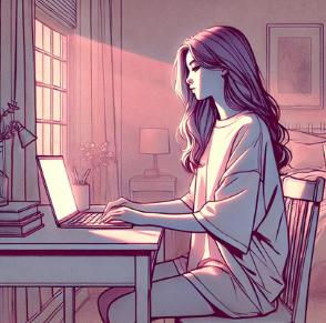 ragazza che scrive al pc fumetto immaginazione sogni