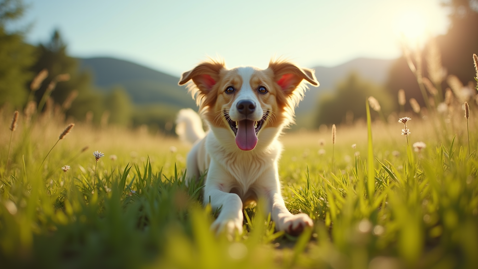 Eye-level view of a happy dog playing in a grassy field
