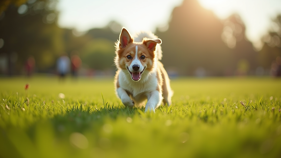 Eye-level view of a happy dog playing in a grassy park