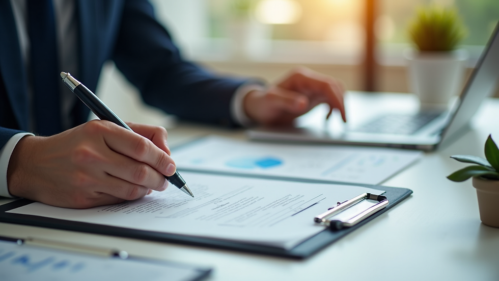 Close-up view of a professional reviewing regulatory documents