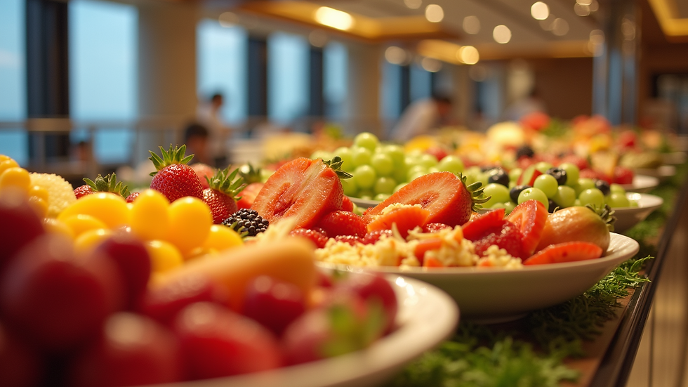 Close-up view of a cruise ship buffet with fresh fruits and salads